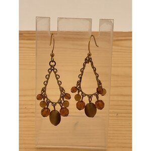 Gold Tone Teardrop Dangle Earrings Amber Colored Beads & Chain Detailing